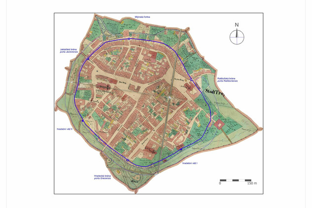 Indikační skica stabilního katastru s vynesením nejstarší fáze městského opevnění z doby okolo roku 1250.