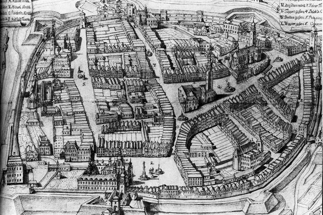 Tzv. Lundwalův plán města Opavy zobrazující městské jádro před požárem v roce 1758, SZM.
