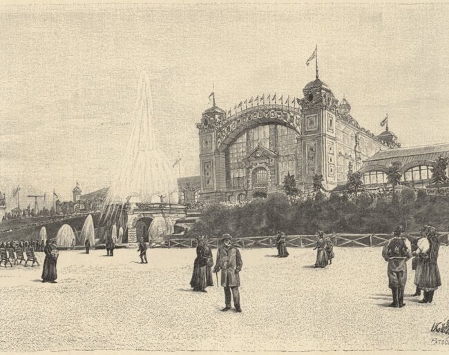 Severní průčelí Průmyslového paláce, podle akvarelu J. Kouly, 1891 | © Sborník Sto let práce