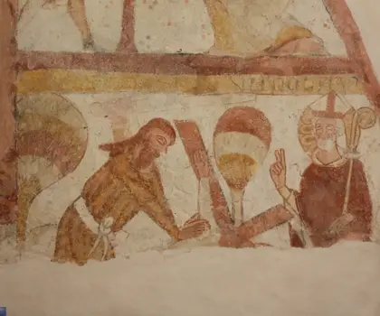 Strýčice, kostel sv. Petra a Pavla, detail nástěnn malby z 1. pol. 14. stol., stav po restaurování