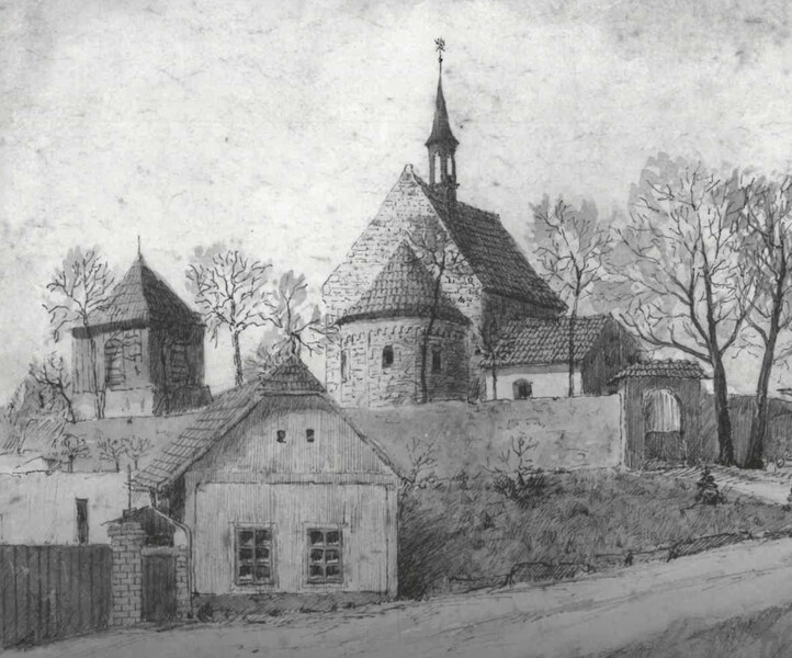 Návrší s kostelíkem Stětí sv. Jana Křtitele v Dolních Chabrech od východu. Obraz malíře Antonína Bílka (1881–1937), nedatováno