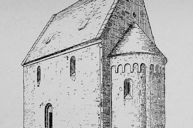 Kresba chaberského kostela z Dějin umění národa českého (I. díl, 1. sv., s. 259, obr. 88) od Ferdinanda Josefa Lehnera z roku 1903