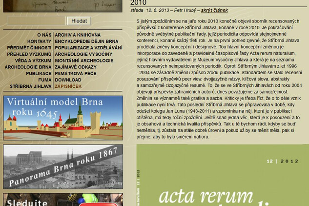 Sekce Zápisníček na internetových stránkách Archaia Brno