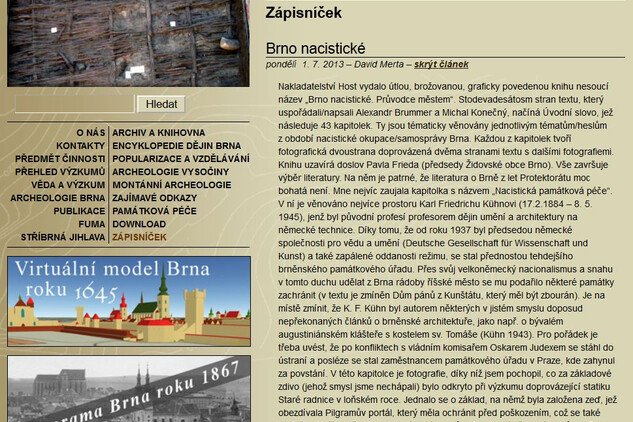 Sekce Zápisníček na internetových stránkách Archaia Brno