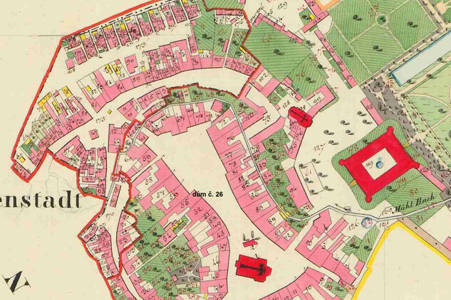 Historické centrum Holešova na mapě stabilního katastru z roku 1830 s vyznačením domu čp. 26 (foto Jan Štětina)