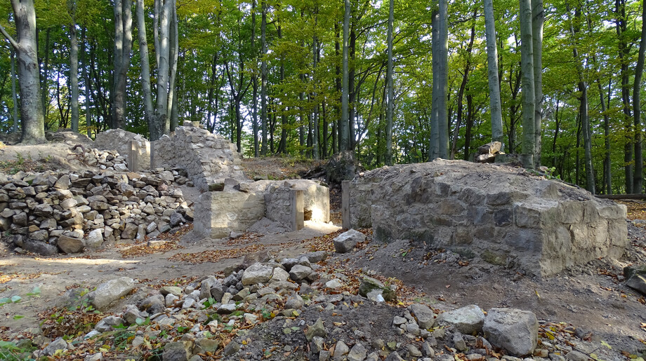 Zříceniny hradního paláce, stav po provedení konzervačních prací; v popředí pilíř, vlevo zbytek průčelí se vstupem do interiéru