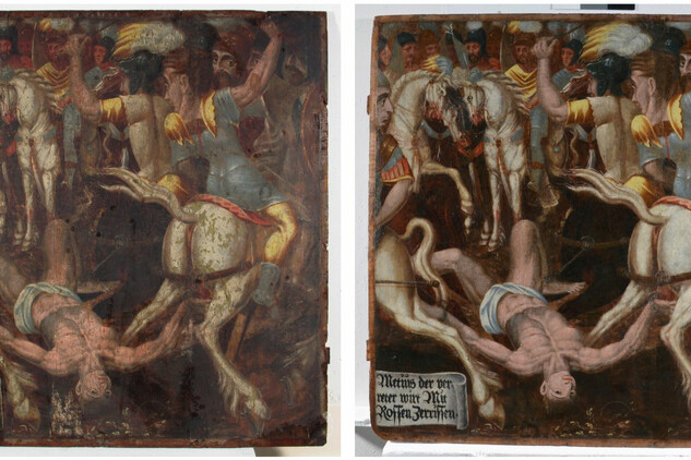 „Mettius trhán koňmi“, pole č. 19 – srovnání před (vlevo) a po (vpravo) restaurování
