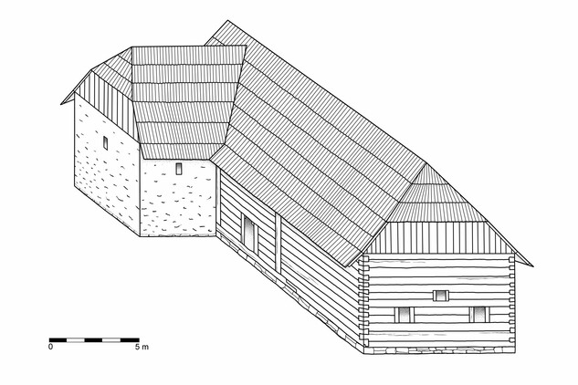 Kresebná rekonstrukce podoby středověkého domu, předchůdce dnešního objektu čp. 91 v Novém Jičíně