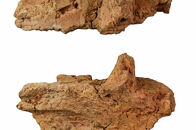 Fragment vypálené mazanice s dochovaným otiskem dřevěných konstrukčních prvků – hraněných trámů starší stavby