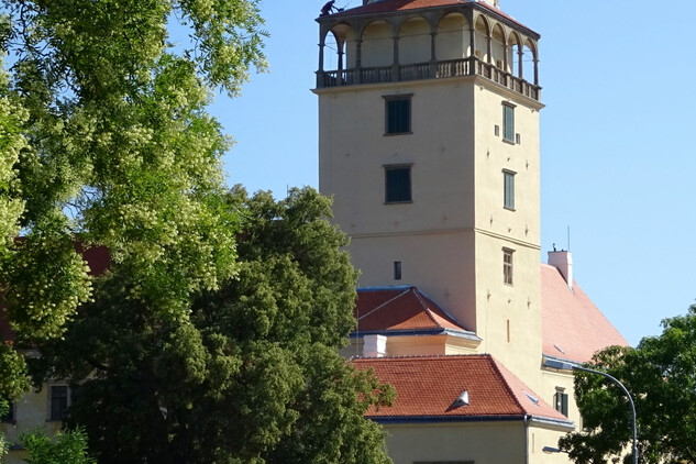 Renesanční věž zámku v Moravském Krumlově po obnově, pohled z parku