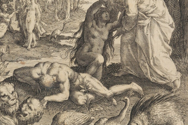 Stvoření Evy, detail grafiky shodně stranově převrácené (včetně pávů)