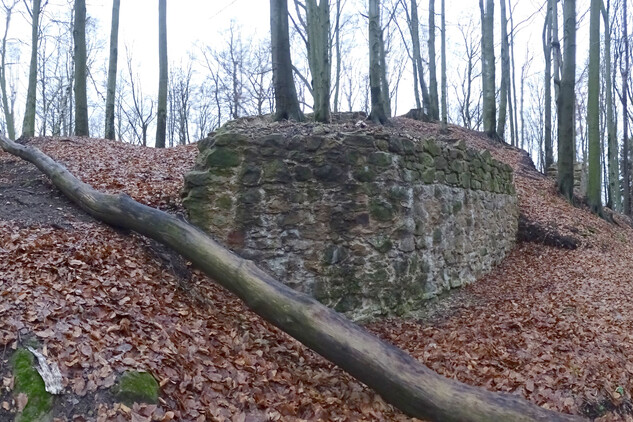 Hrad Starý Světlov, východní část parkánové hradby, stav po dokončení konzervačních prací, pohled od východu (foto: Vrla 2025)