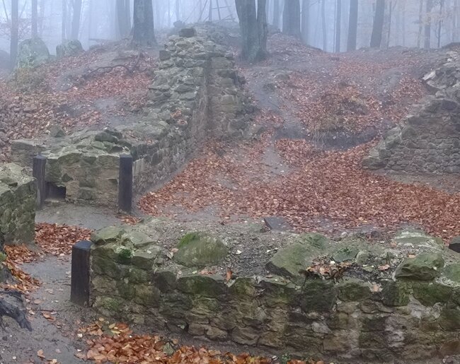 Hrad Starý Světlov, celkový pohled od jihovýchodu na zakonzervované zdivo paláce (foto: Vrla 2025) Hrad Starý Světlov, celkový pohled od jihovýchodu na zakonzervované zdivo paláce (foto: Vrla 2025)