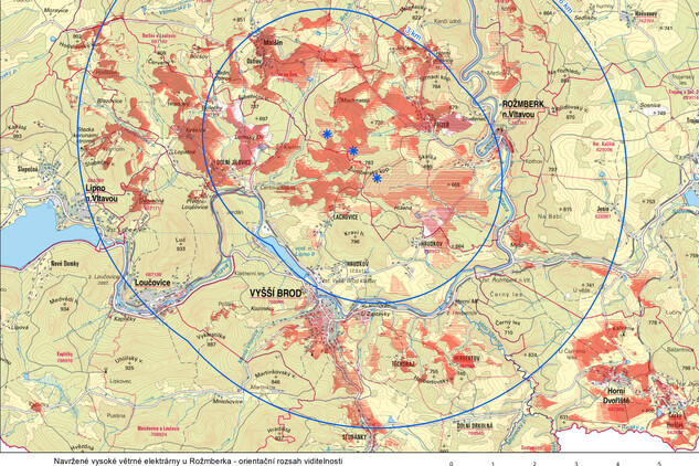 Navržené vysoké větrné elektrárny u Rožmberka - orientační rozsah viditelnosti