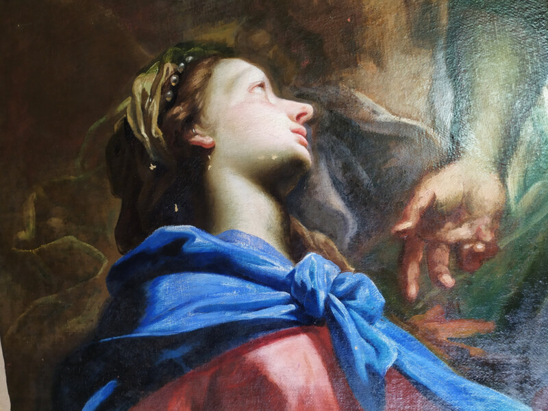 Petr Brandl, detail Panny Marie, obraz Nejsvětější Trojice s P. Marií, sv. Augustinem, sv. Tomášem z Villanovy a sv. Zuzanou, stav v průběhu restaurování.  