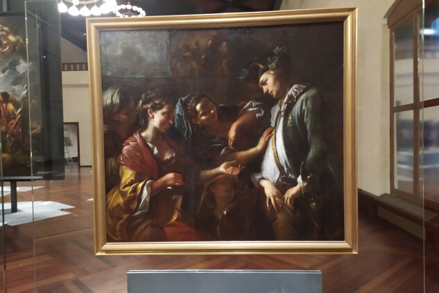 Petr Brandl: Tři ženy a lovec, asi 1720, olej na plátně, 130x 140 cm, stav po restaurování, výstava Petr Brandl: Příběh bohéma ve Valdštejnské jízdárně v Praze