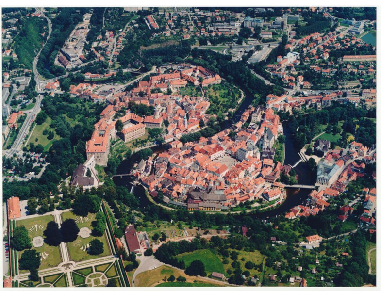 Český Krumlov, letecký snímek.