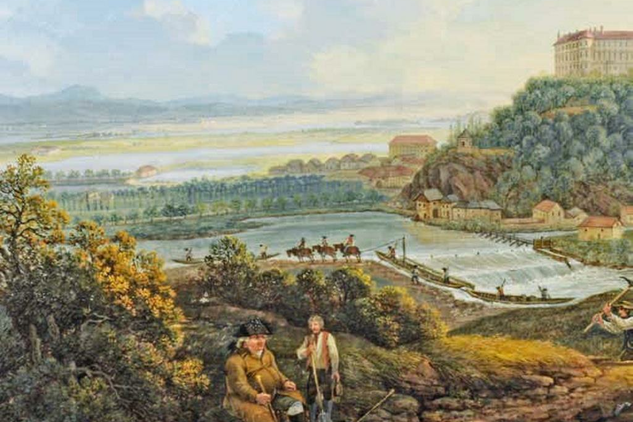 Pohled na kaskádový jez u Hluboké, 1804, kvaš, detail, SHZ Český Krumlov. Obr. nepodléhá Creative Commons.