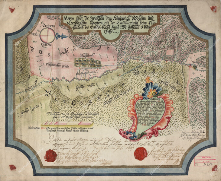 Mapa hranic mezi Českým královstvím a Bavorským vévodstvím v okolí bývalé obce Česká Kubička z roku 1769, od zemského měřiče Jana Josefa Kolbeho (1724–1804). Národní archiv, Sbírka map a plánů,