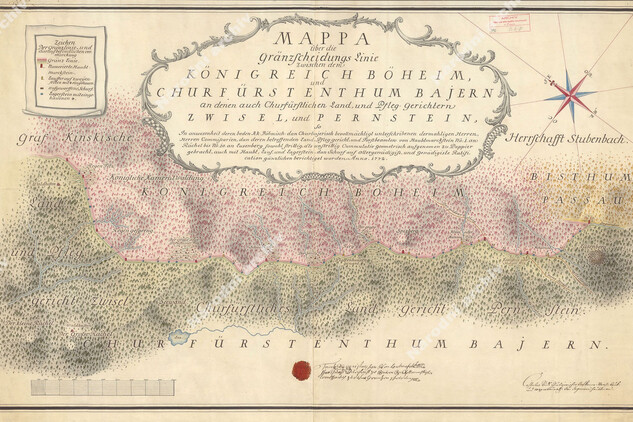 Mapa šumavských lesů roku 1772 od stavebního rady a inženýra Castula Riedla_Národní archiv, Sbírka map a plánů. Národní archiv, Sbírka map a plánů.