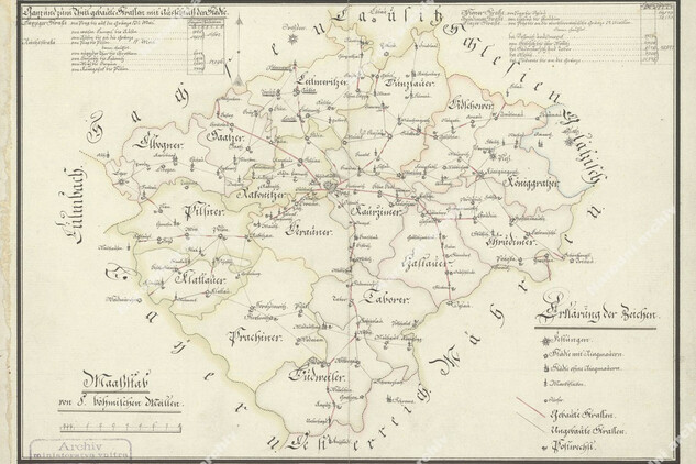 Mapa státních silnic v Čechách podle stavu z roku 1792. Národní archiv, Sbírka map a plánů.