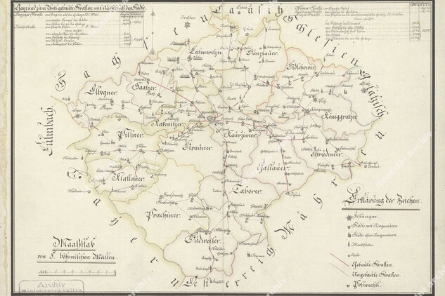 Mapa státních silnic v Čechách podle stavu z roku 1792. Národní archiv, Sbírka map a plánů.