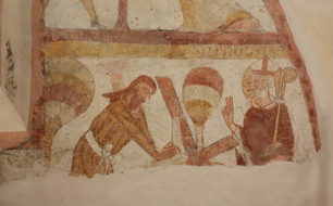 Strýčice, kostel sv. Petra a Pavla, detail nástěnn malby z 1. pol. 14. stol., stav po restaurování