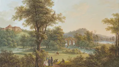 ruiny akvaduktu v zahradě zámku Koloděje na vyobrazení z první poloviny 19. století | © zdroj: KŘESADLOVÁ, Lenka – LETÁ, Michaela, Stavby inspirované antickou a staroegyptskou kulturou v památkách zahradního umění v ČR, Kroměříž: NPÚ, ÚOP v Kroměříži, 2025, s. 224