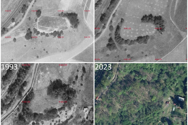 Postupné zarůstání lokality dle leteckých snímků z let 1946 až 2023
