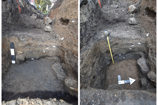 Šedavě stříbřitá vrstva vrcholně středověkého osídlení města byla překryta vrstvou dřevěných prken a odřezků (114)