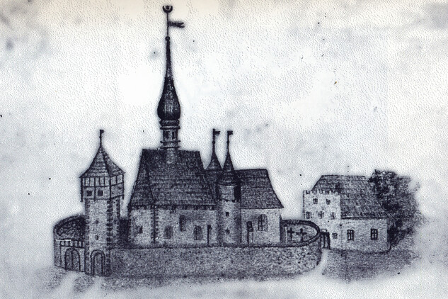 Kostel sv. Prokopa a farní škola v Lošticích roku 1660. Kresba na titulním listu nejstarší městské matriky. Podle Kašpárková, Hořínek, Richterová, 1993.