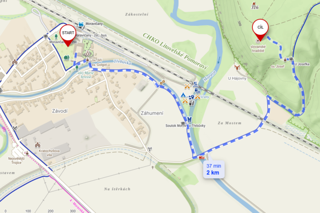 Mapa trasy od hřbitova v Moravičanech k opevněnému hradisku