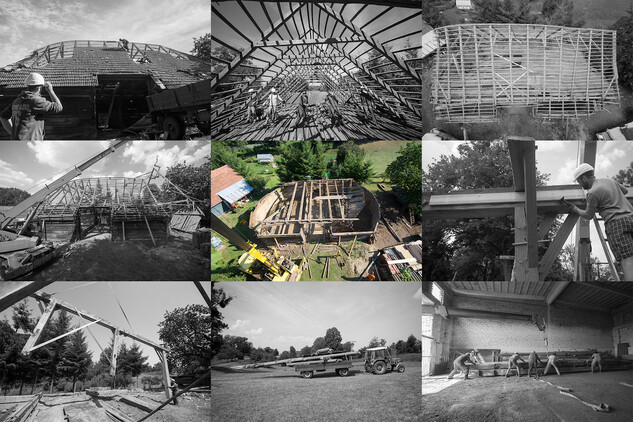 Fotodokumentace z průběhu rozebírání polygonální stodoly pocházející z usedlosti čp. 97 v Čisté u Litomyšle