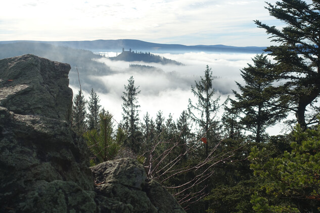 Sedlo, hradiště, výhled z jižní strany (v pozadí hrad Kašperk)