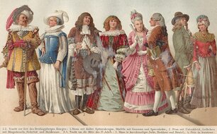 Barokní oděvy, 17.–18. století. Ilustrace Aloise Greila v Brockhaus Enzyklopädie, 1893.  Zdroj: Wikimedia Commons, „Barockkostüme (Brockhaus).jpg“. Licence: Public Domain.