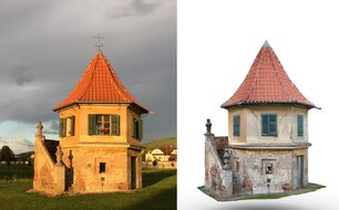 Červené Poříčí, areál zámku, gloriet. Fotografie a virtuální model (vpravo). 