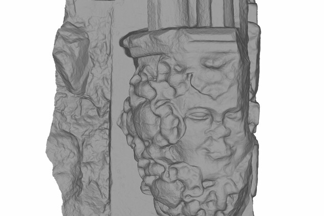 Plasy, klášterní kostel Nanebevzetí Panny Marie, figurální konzola gotické žebrové klenby, nalezená ve zdivu závěru kostela jako pozůstatek starší stavební etapy objektu. Další příklad výstupu 3D zaměření - model bez textury. (zpracoval J. Plzák, 2019)