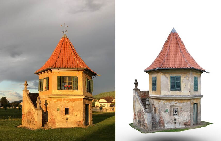 Červené Poříčí, areál zámku, gloriet. Fotografie a virtuální model (vpravo). Červené Poříčí, areál zámku, gloriet. Fotografie a virtuální model (vpravo).