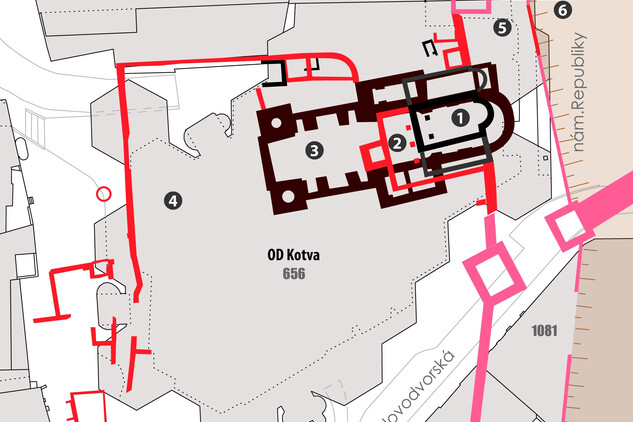 Půdorys obchodního domu Kotva s vynesením nejdůležitějších staveb odkrytých archeologickým výzkumem: 1 – románský kostel, vrcholně středověké rozšíření kostela o boční lodě (šedě); 2 – gotická přestavba kostela; 3 – barokní novostavba kostela; 4 – areál komendy; 5 – hradba a parkán staroměstského opevnění; 6 – staroměstský hradební příkop (více viz Průvodce pražskou archeologií, vyd. 2017, str. 172-173)