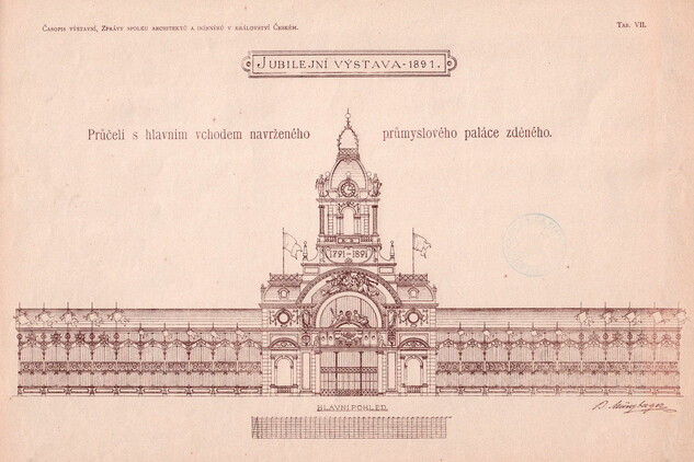 Prvotní návrh Průmyslového paláce od Bedřicha Münzbergra jako paláce zděného, vydaný v roce 1890 ve Zprávách spolku architektů a inženýrů v království Českém (Časopise výstavním).
