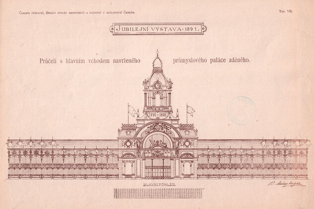 Prvotní návrh Průmyslového paláce od Bedřicha Münzbergra jako paláce zděného, vydaný v roce 1890 ve Zprávách spolku architektů a inženýrů v království Českém (Časopise výstavním).