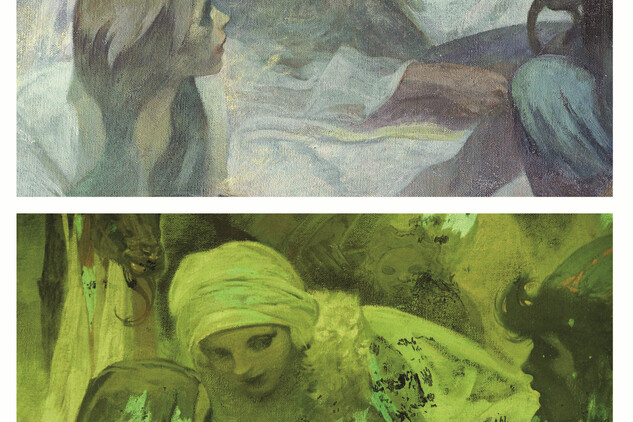Detail obrazu Slavnost Svantovítova na Rujáně (1912) ve viditelném (nahoře) a ultrafialovém spektru (dole) prezentuje dobrý příklad Muchovy malířské techniky, ale také dvou druhů restaurování malby v minulých letech (foto Tomáš Berger, 2016). 