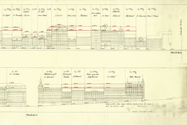 Výřez z návrhu výškového zastavění Václavského náměstí z roku 1923 – koncept regulace ukazuje jak snahu o výškové sjednocení jeho průčelí, tak záměrné snížení zástavby v horní části, kde měla být zachována dominance bočních věží Národního muzea (Plán SRK, sign. SRK 000 143).