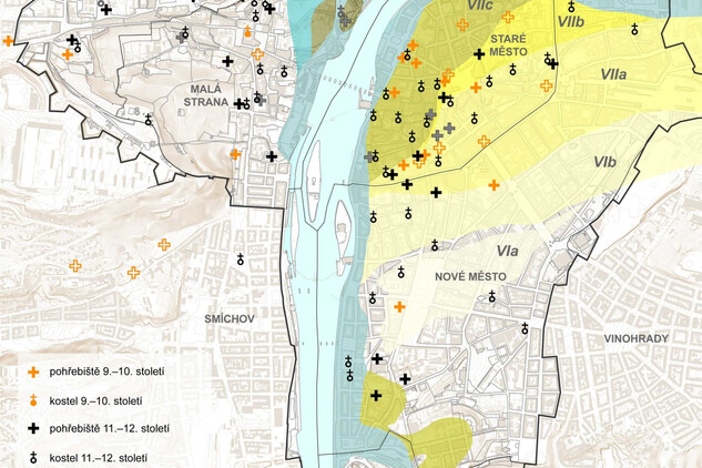Pohřebiště z raného středověku v historickém jádru Prahy. Barevně a římskými číslicemi označeny niva a terasové stupně Vltavy a Botiče. Kostely z poslední fáze raného středověku provázejí vesměs pohřebiště, jejich stáří ale není možné často určit (NPÚ 2017).