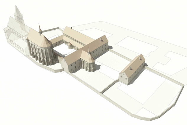 Hmotová rekonstrukce vrcholně gotické podoby kláštera sv. Klimenta na Starém Městě (návrh a podklady J. Havrda a M. Kovář, zpracování V. Dvořák, 2017)