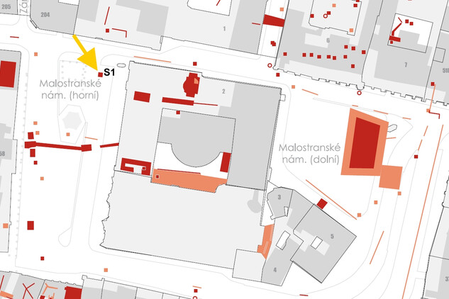 Archeologické výzkumy na ploše Malostranského náměstí (červeně). Světle červeně – mělčí archeologické sondy, které nedosáhly až k horizontu raně středověkého osídlení.