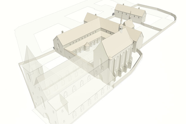 Hmotová rekonstrukce dominikánského kláštera sv. Klimenta na Starém Městě pražském pomocí 3D vizualizace: vrcholně gotický konvent (hypoteticky loď konventního kostela, rekonstruována s dvojicí věží v západním průčelí). Vytvořeno na základě ikonografie, historických plánů a výsledků předložených terénních výzkumů. (Na základě podkladů J. Havrdy, M. Kováře a A. Žďárské vytvořil V. Dvořák, 2017, nepodléhá CC.)