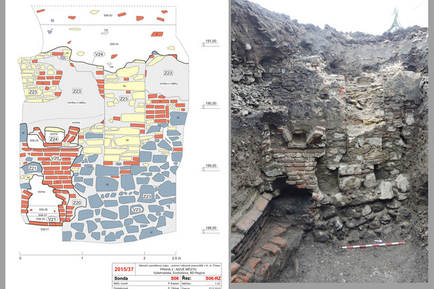 Podskalí, výzkum 2015 - kresebná a fotografická dokumentace parcelní zdi bývalého čp. 71