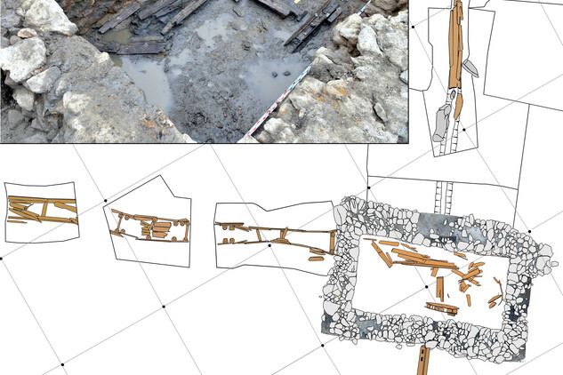 Plán a fotografie zděné lednice mlýna s dřevěnými součástmi vodního kola (autor – výkres: Petr Hrubý, Ústav archeologie a muzeologie FF MU, foto Archaia Brno)