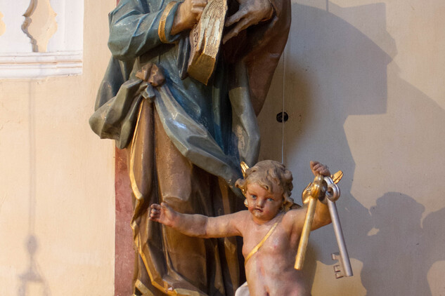 Přibyslav, kostel Narození sv. Jana Křtitele, socha sv. Petra před restaurováním, detail, copyright: Jan Mach